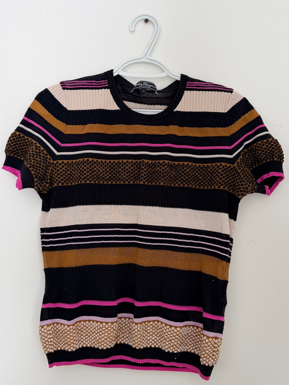 Salvatore Ferragamo Striped Short Sleeve Knit Top in Black, Pink, Cream & Brown